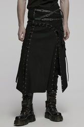 Black Faux Leather Stitching Lace-Up Irregular Mesh Men's Gothic Kilt